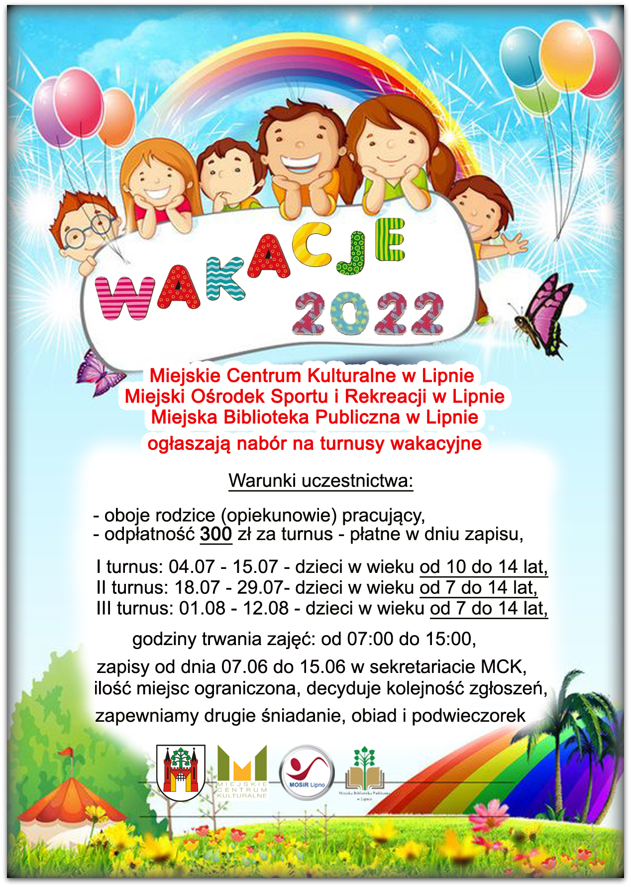 Plakat z ogłoszeniem o naborze na zajęcia i warsztaty w okresie wakacji