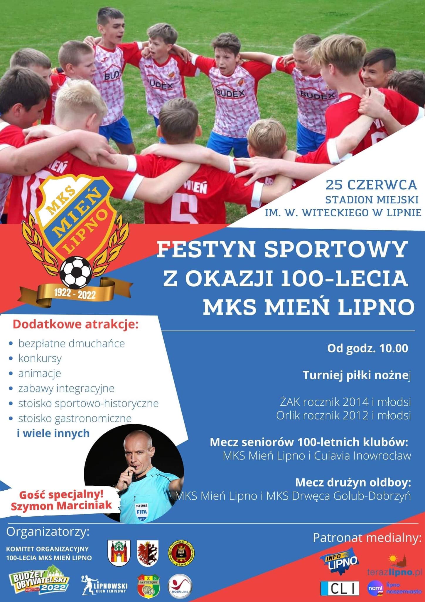 Plakat wydarzenia - festyn sportowy z okazji 100-lecia MKS Mień Lipno (treść w artykule powyżej n/n grafiki)