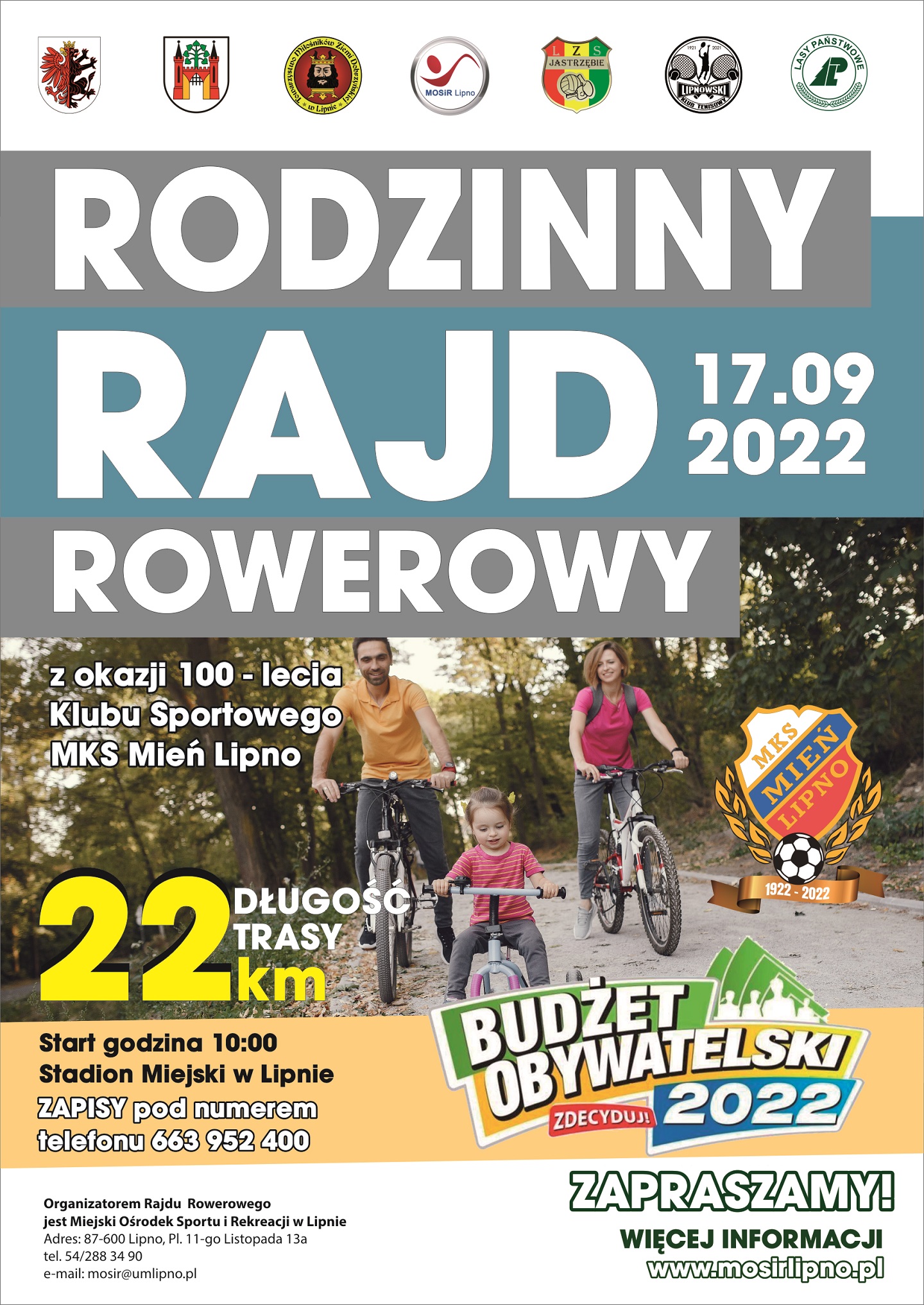 Plakat wydarzenia - Rodzinny Rajd Rowerowy - treść w rozwinięciu artykułu (źródło: MOSiR Lipno)