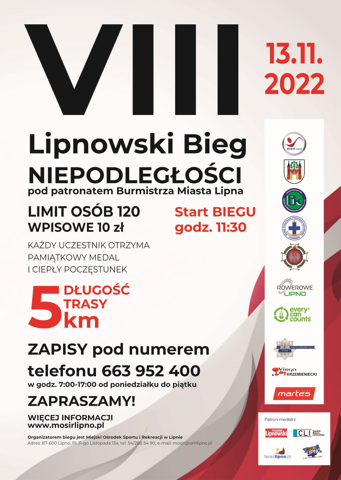 Plakat wydarzenia VIII Lipnowski Bieg Niepodległości (treść w rozwinięciu wiadomości - źródło: MOSiR Lipno)