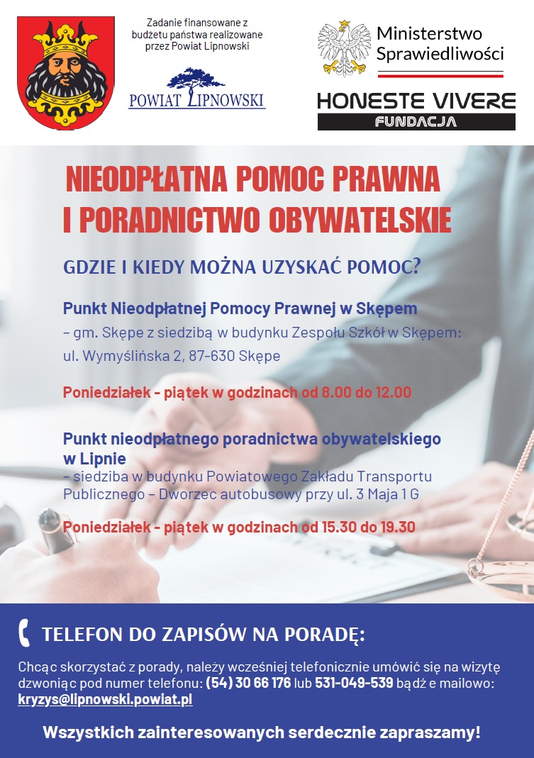 Plakat nieodpłatna pomoc prawna i poradnictwo obywatelskie