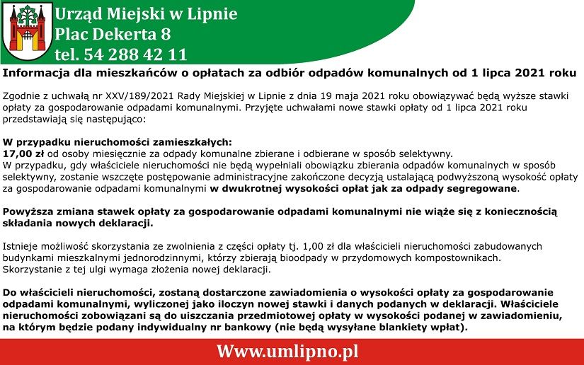 Informacja dla mieszkańców o opłatach za odbiór odpadów komunalnych od 1 lipca 2021 roku