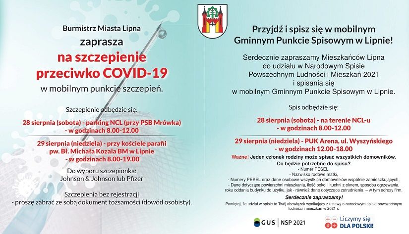 Zaproszenie na szczepienie przeciwko COVID-19 i udział w Narodowym Spisie Powszechnym Ludności i Mieszkań 2021