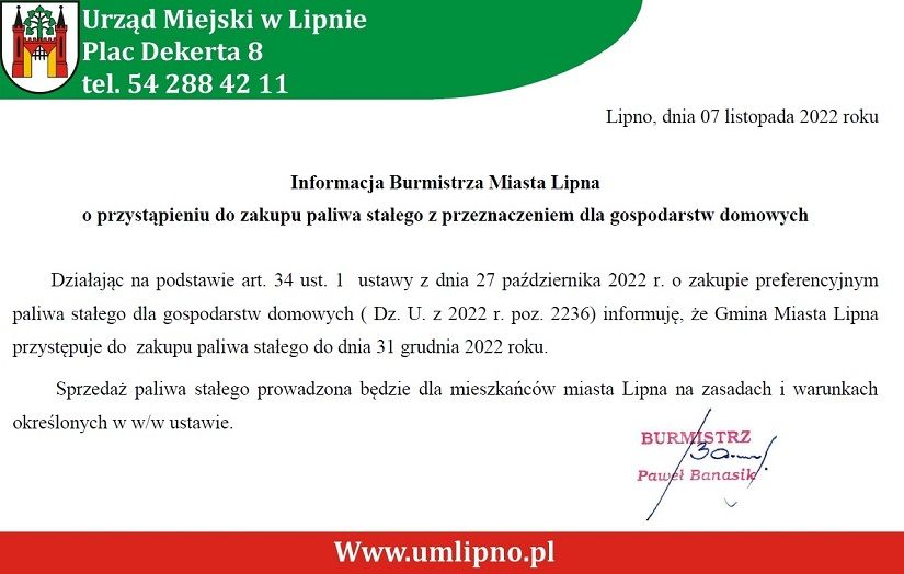 Informacja Burmistrza Miasta Lipna o przystąpieniu do zakupu paliwa stałego z przeznaczeniem dla gospodarstw domowych