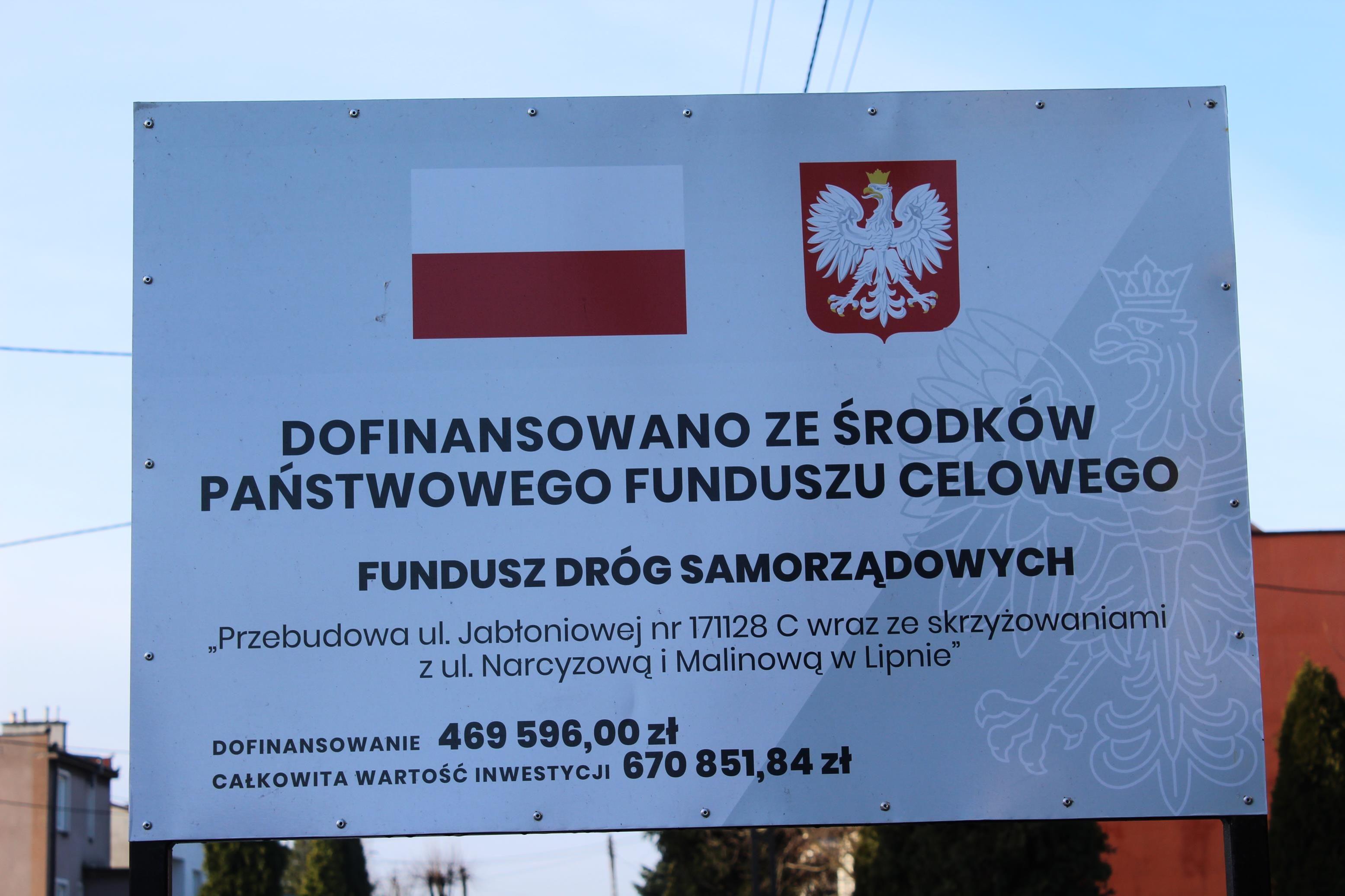 Przebudowa ulicy Jabłoniowej - tablica informacyjna Funduszu Dróg Samorządowych - kliknięcie spowoduje powiększenie obrazka