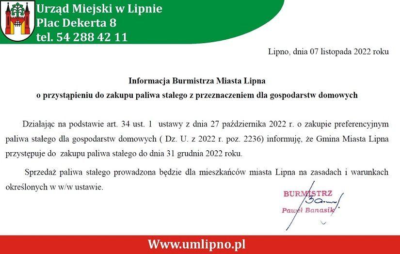 Informacja Burmistrza Miasta Lipna o przystąpieniu do zakupu paliwa stałego z przeznaczeniem dla gospodarstw domowych