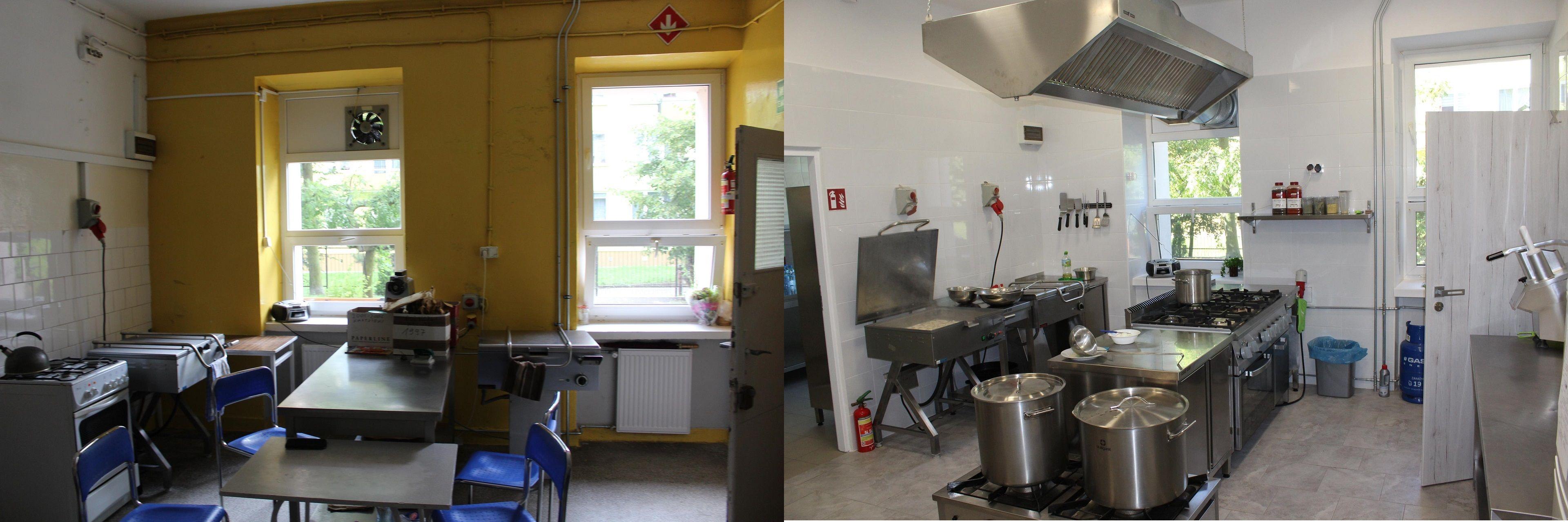 Obrazek porównawczy przed i po remoncie stołówki w Szkole Podstawowej nr 3 w Lipnie - kliknięcie spowoduje powiększenie zdjęcia