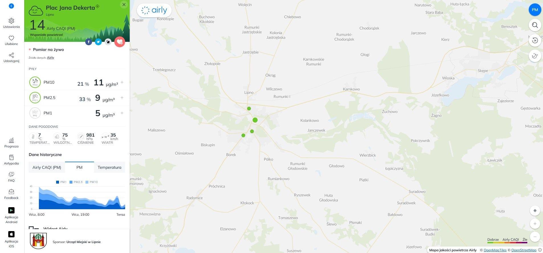 Strona internetowa Airly monitorująca jakość powietrza w Lipnie